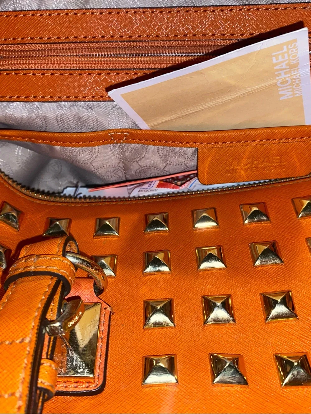 Michael Kors Orange Leather Satchel with Gold Studs